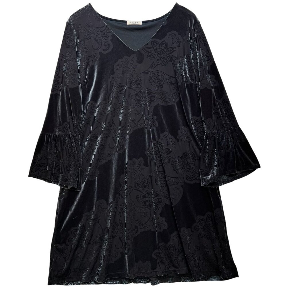 Gilli Womens Velvet Grunge Dress Flare Sleeve Stretch Size 1X Black Floral
